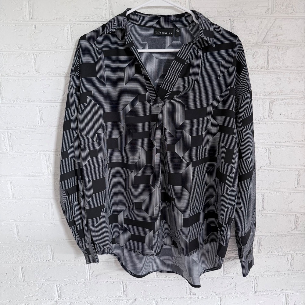 Rafaella Geometric Print Long Sleeve V Neck Blouse Womens Size Small Black White
